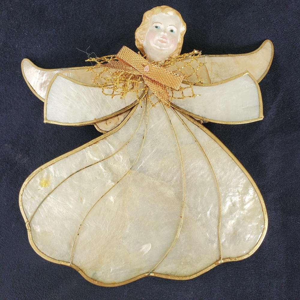 Angel Christmas Ornament Capiz Shell 6"x5" Vintage Porcelain Face Gold Tone Wire
